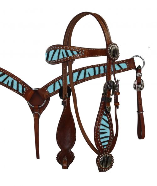Showman Wide Browband Headstall & Breast Collar Set w/Colored Hair On Cowhide Zebra Print 